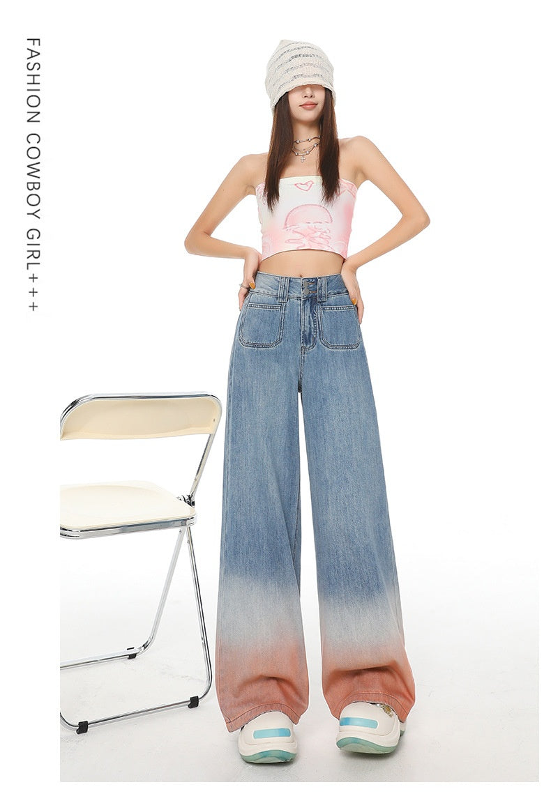 High Waist Wide Leg Jeans with Retro Blue Gradient Style