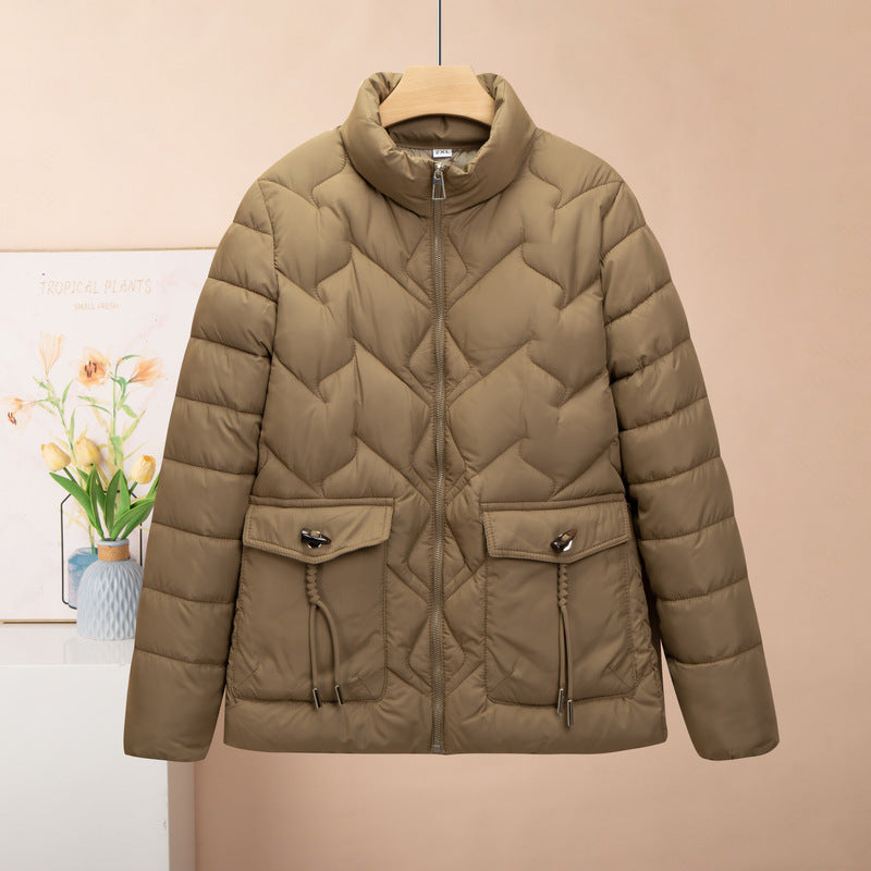 Solid Color Thick Cotton Jacket with Medium Length Design