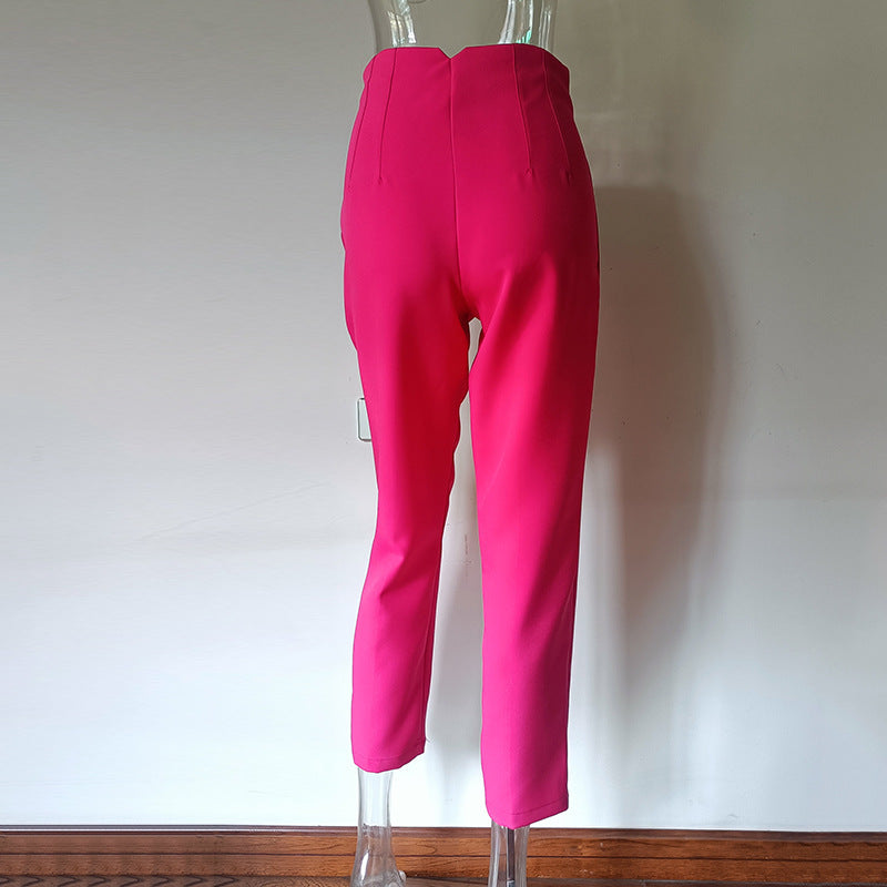 Pleated High Waist Slim-fit Basic Pants with Pocket Detail