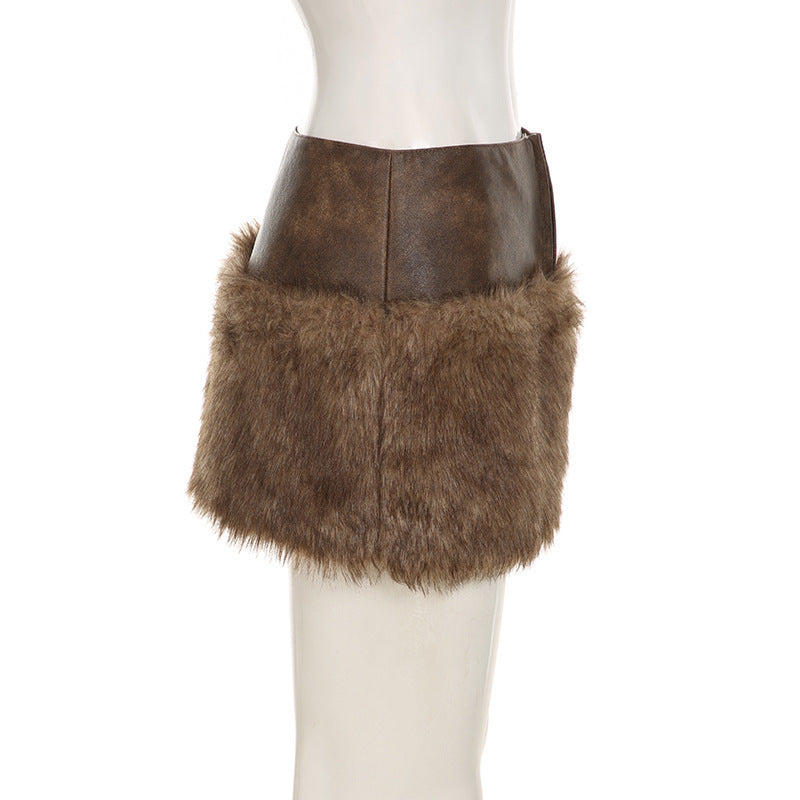 Retro Short Furry Skirt with Stylish Zipper Detail