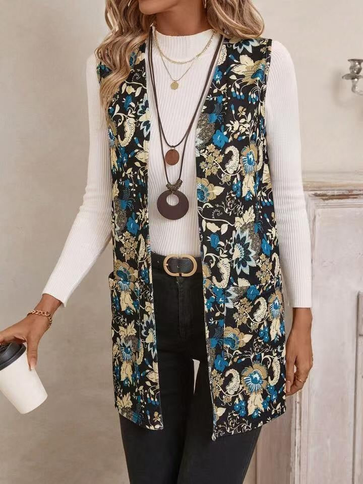 Casual Printing Coat with Fresh Floral Design and Sleeveless Style