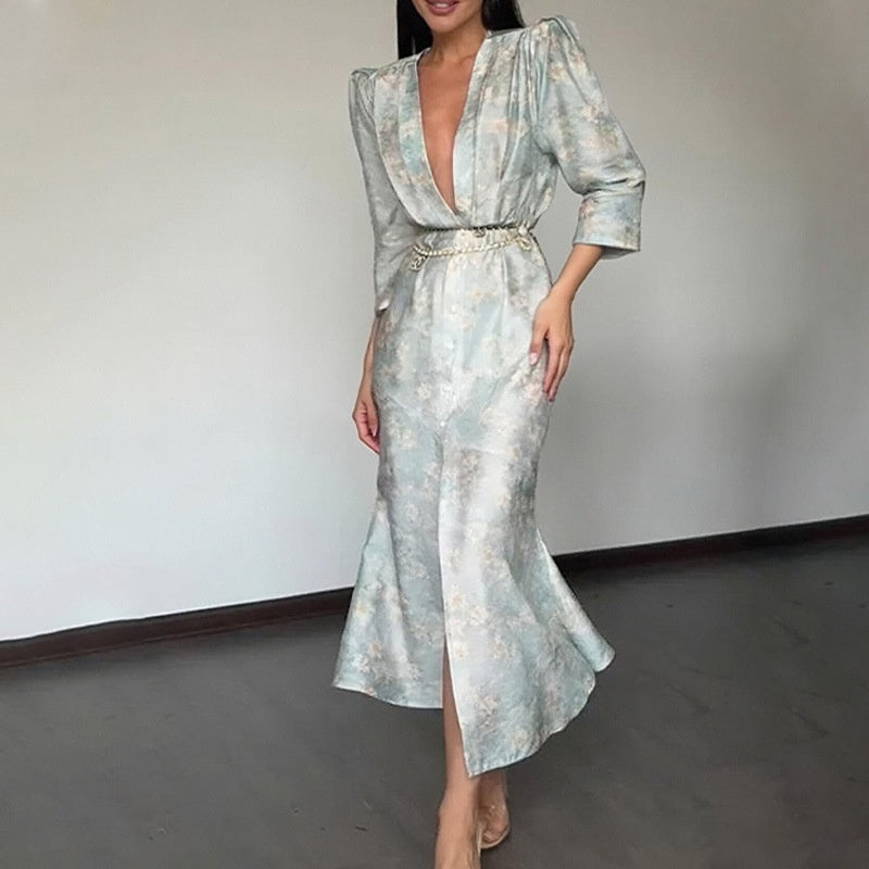 Deep V-neck Slim-fit Printed Dress with Elegant Style Appeal