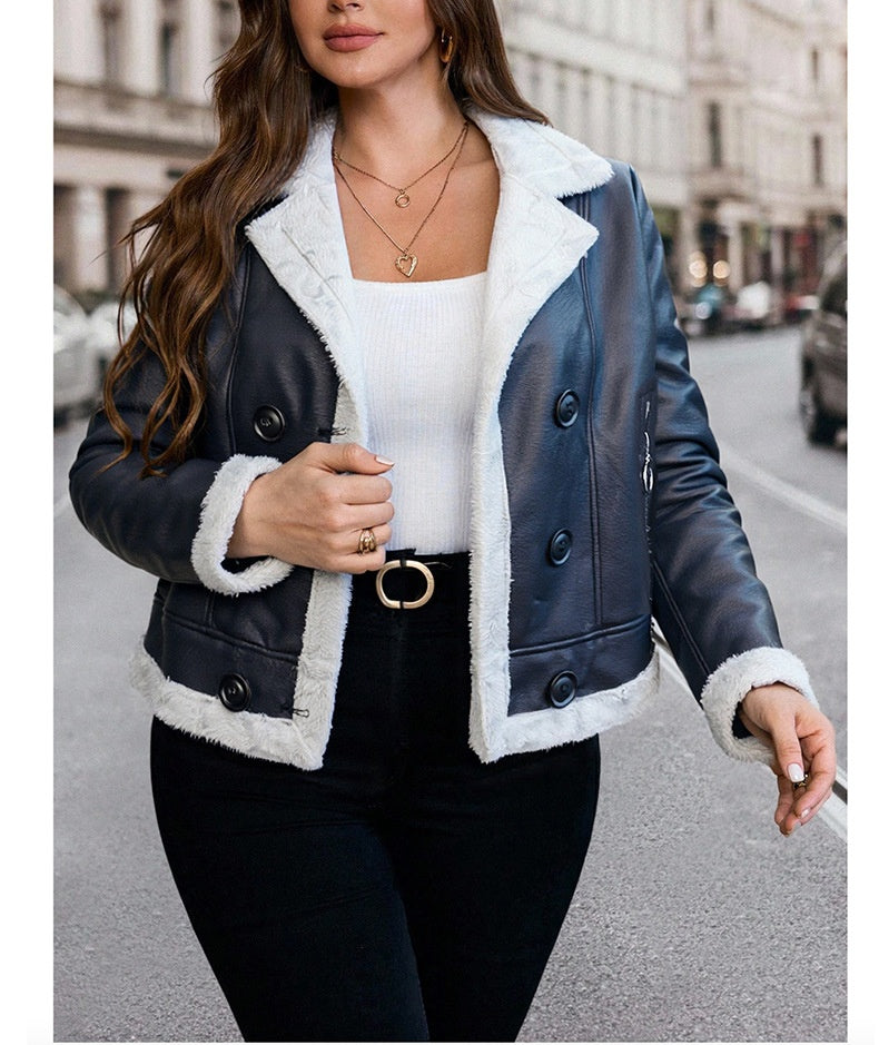 Fleece Padded Leather Coat with Fur Collar Alternative Styling