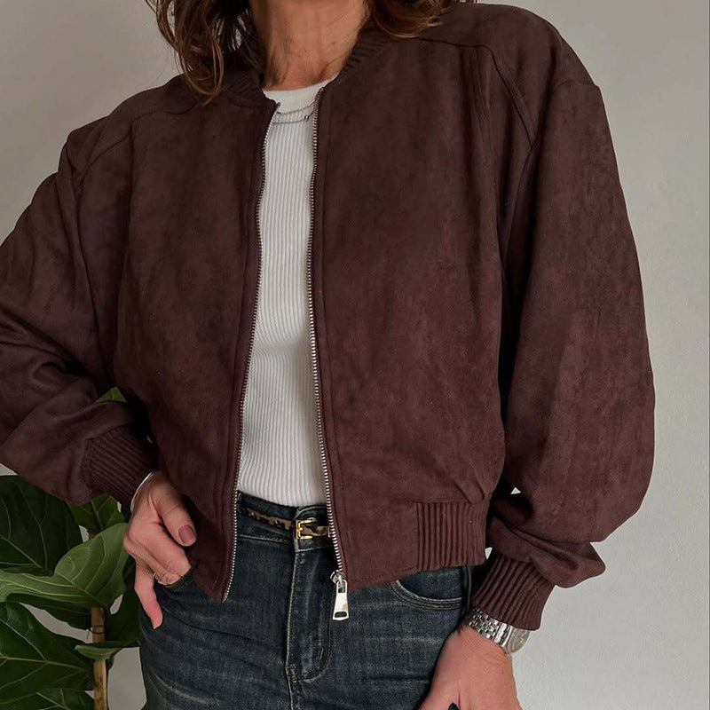 Suede Solid Color Zip Jacket with Casual Slim Fit Style