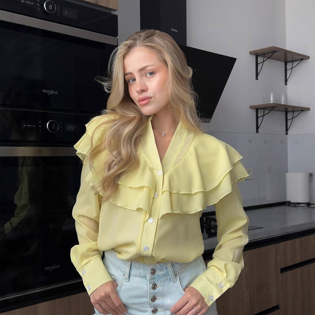 Chiffon Casual Lotus Leaf V-neck Blouse with Loose Fit Style