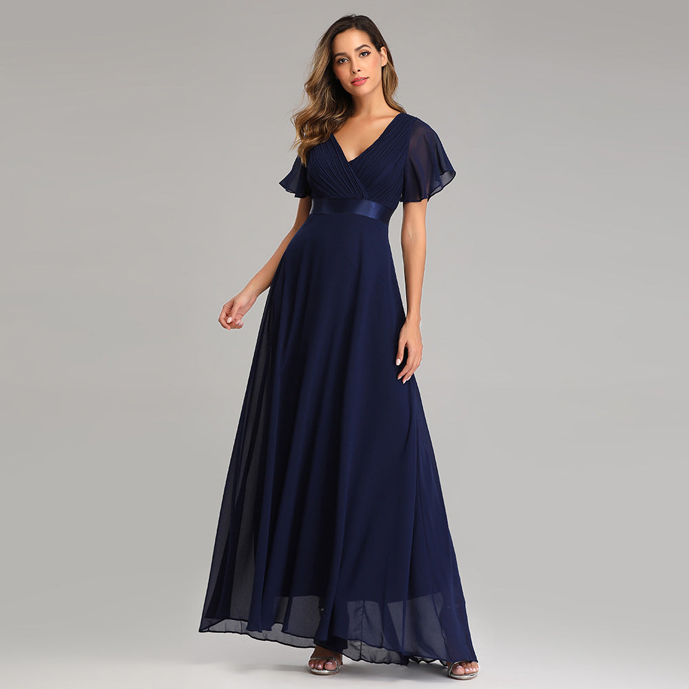 Chiffon Maxi Dress with Flared Sleeves and Handmade Pleats