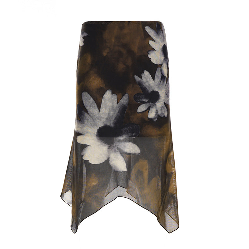 Floral Printed Mesh Asymmetric Skirt with Unique Street Fashion Style