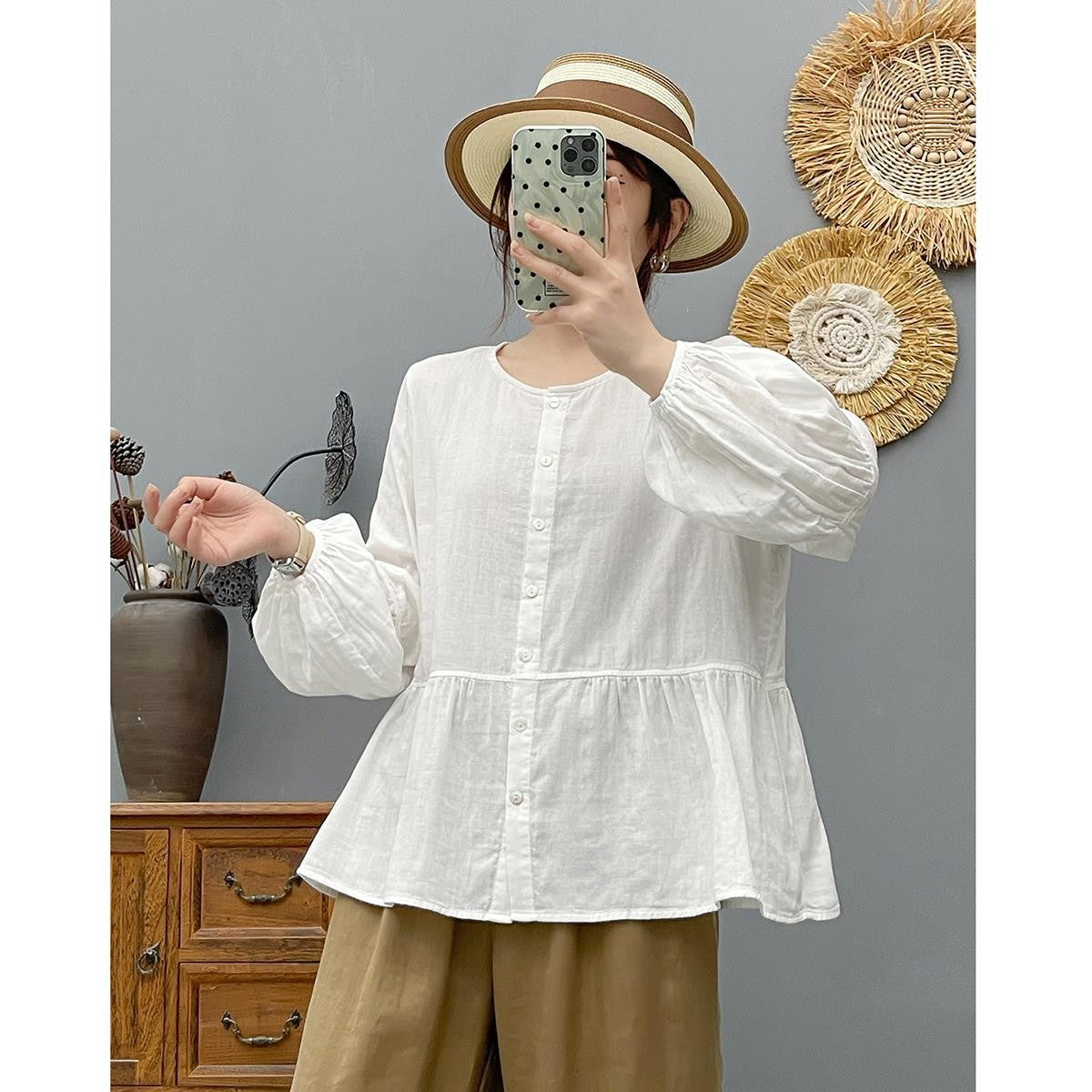 Loose Double-layer Cotton Yarn Top with Long Sleeves