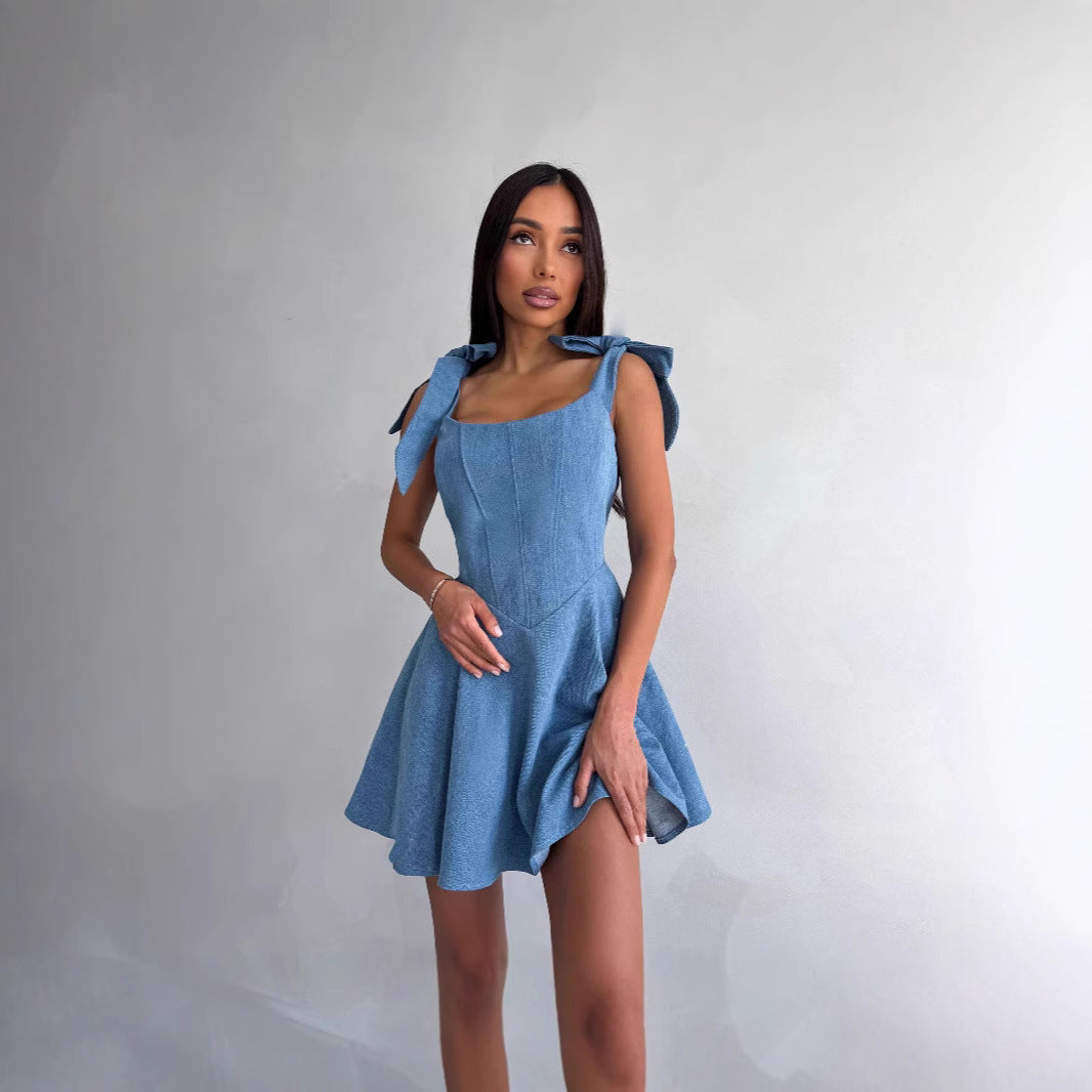 Square Collar Lace Up Fishbone Waist Dress with A-Line Skirt