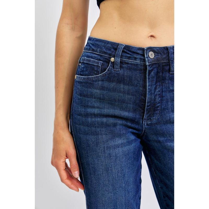 Straight Leg Dark Color Scrubbing Jeans with Belly-Contracting Design