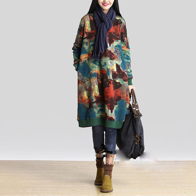 Casual Cotton and Linen Printed Long-sleeved Dress with Floral Pattern