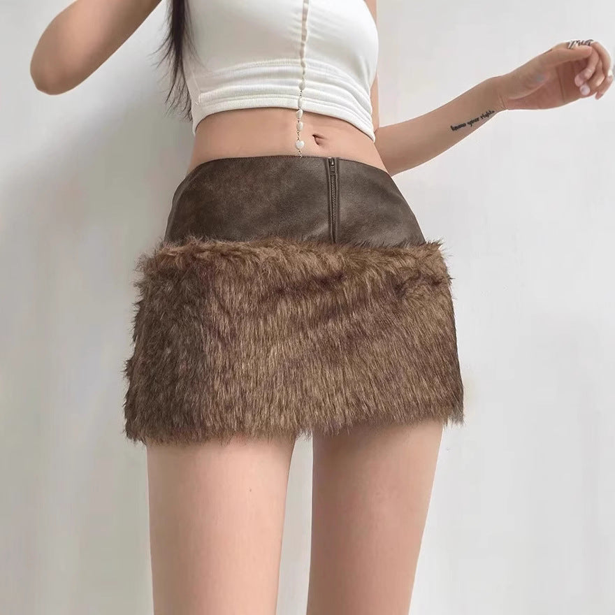 Retro Short Furry Skirt with Stylish Zipper Detail