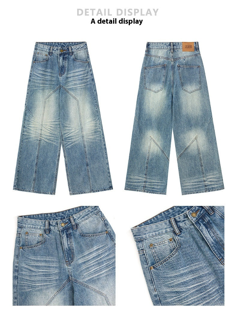 Wide-leg Blue Jeans with Deconstruct Stitching for Trendy Style