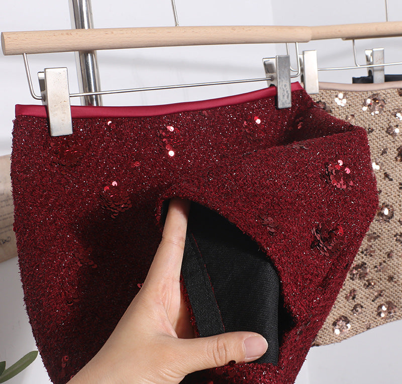 Sequined Red A-Line Skirt with High Waist Slimming Design