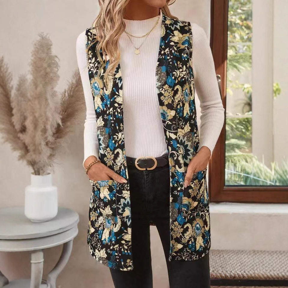 Casual Printing Coat with Fresh Floral Design and Sleeveless Style