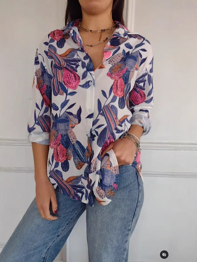 Casual Print Shirt Top with Floral Patterns and Long Sleeves