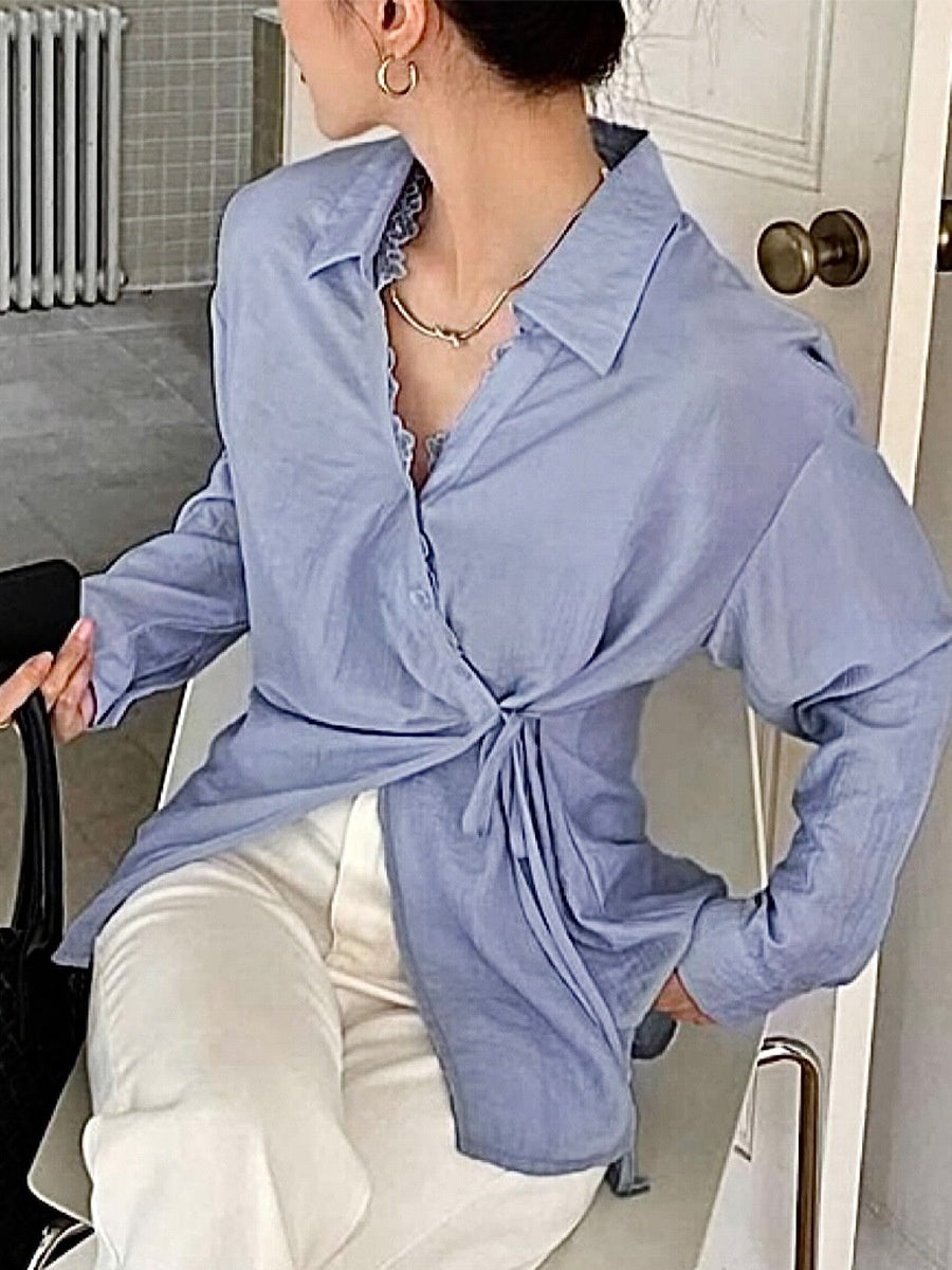 Blue Long Sleeved Shirt with Lace-up Cardigan Style