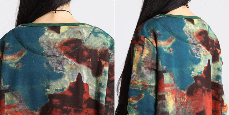 Casual Cotton and Linen Printed Long-sleeved Dress with Floral Pattern