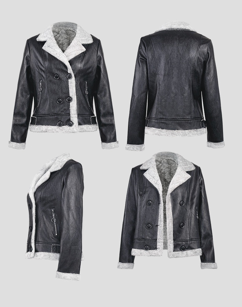 Fleece Padded Leather Coat with Fur Collar Alternative Styling