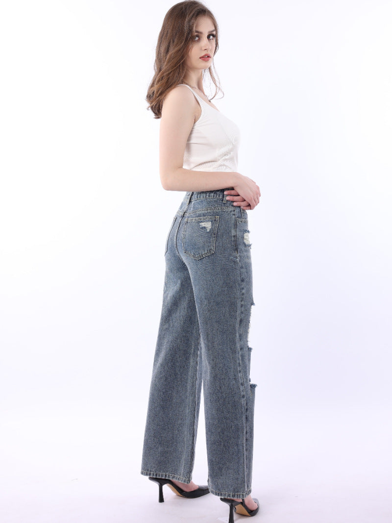 Retro Large Size Wide-Leg Jeans with Worn Distressed Style