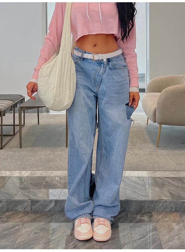 Loose Hole Jeans with Fashionable Oblique Waist Design for Style