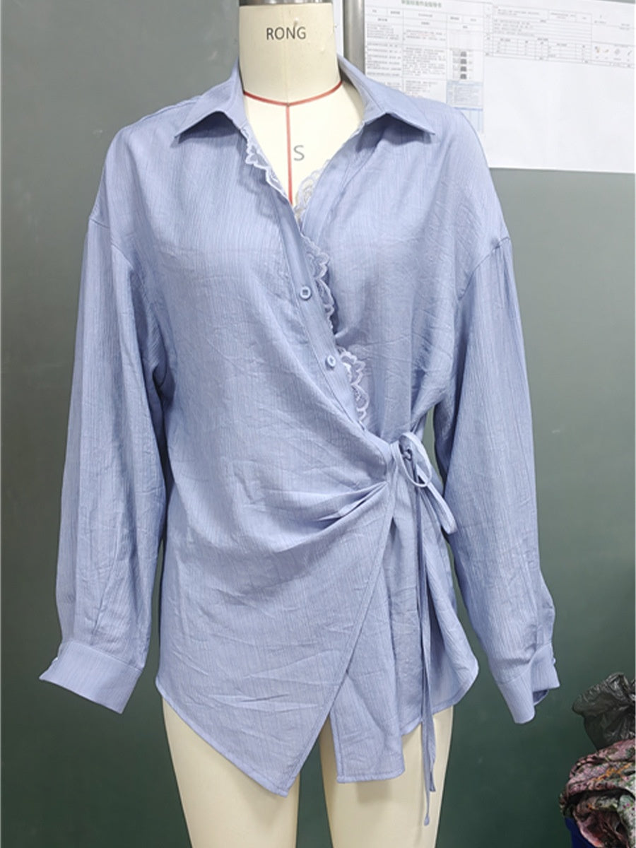 Blue Long Sleeved Shirt with Lace-up Cardigan Style