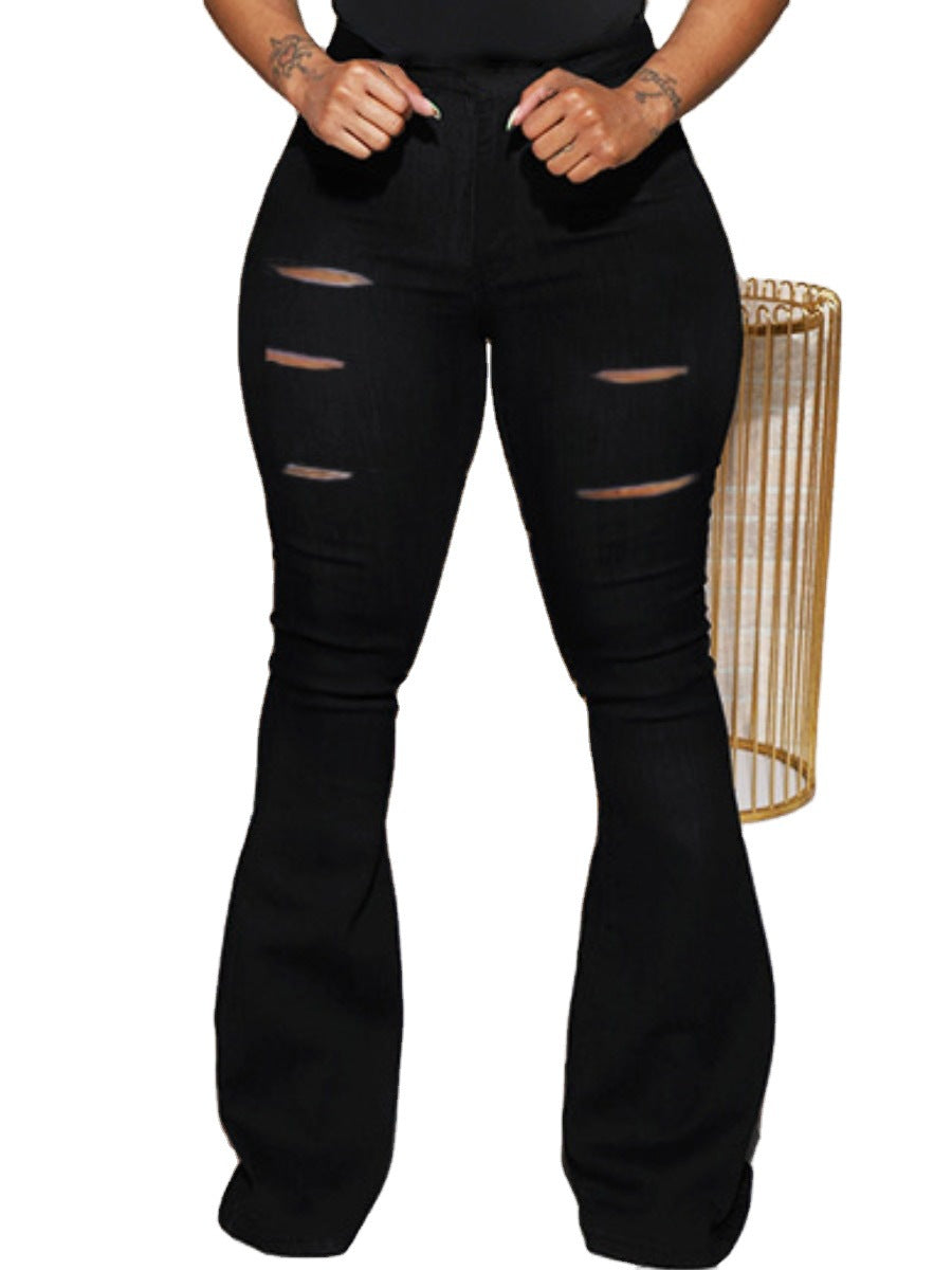 Bootcut Trousers with High Waist Design and Ripped Details