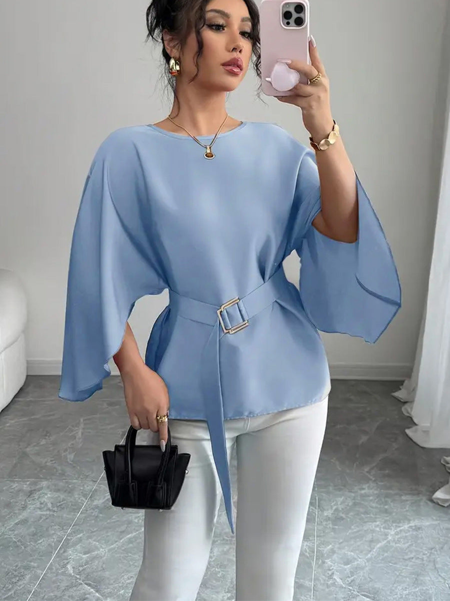 Solid Color Flared Half Sleeve Shirt with Bell Sleeve Design