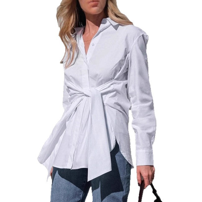 Cotton Blouse with Lace-up Waist Trimming for Casual Style