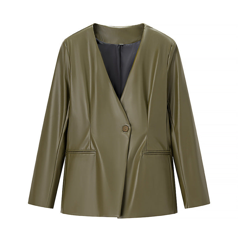 Long-sleeved V-neck Leather Jacket with Stylish Contrast Colors