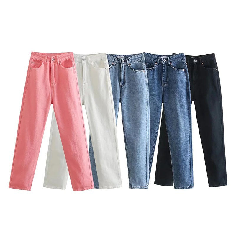 High Waist Loose Casual Denim Trousers with Straight-Leg Style