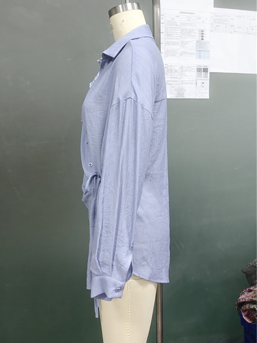 Blue Long Sleeved Shirt with Lace-up Cardigan Style