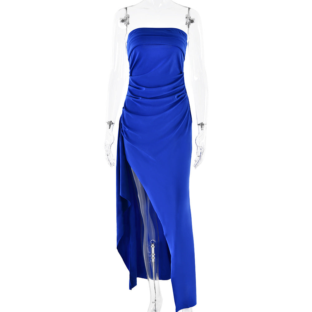 Evening Gown with High Slit and Strapless Backless Design