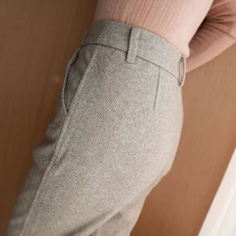 Herringbone Woolen Trousers with High Waist Slim Fit Design
