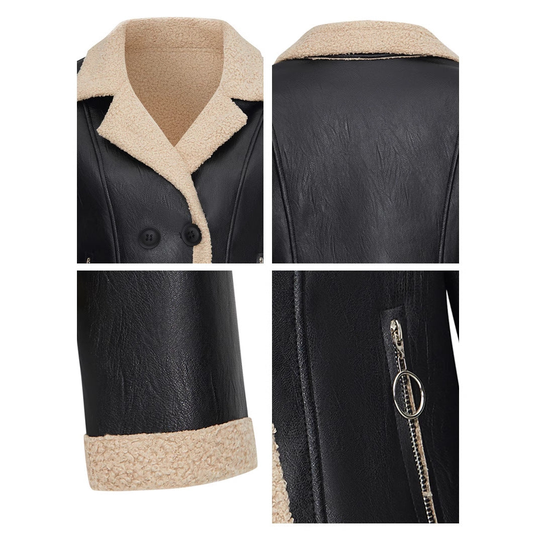 Fleece Padded Leather Coat with Fur Collar Alternative Styling