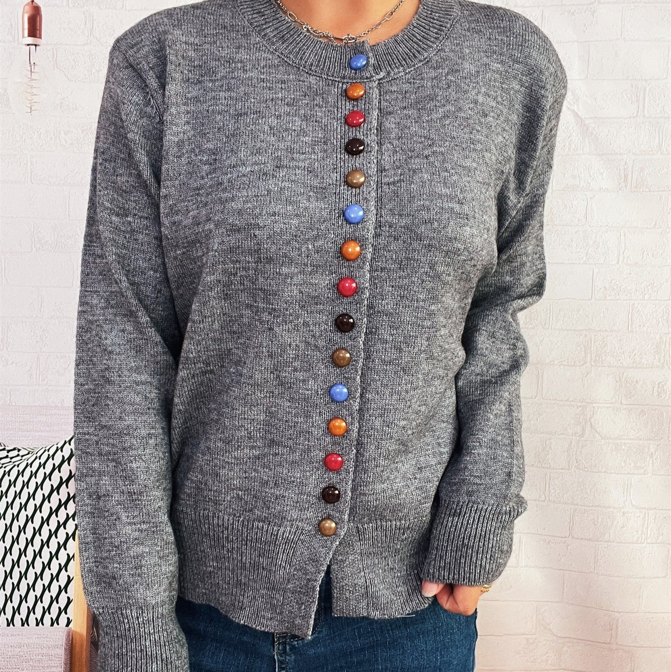 Simple Commute Color Button Single-breasted Knitted Cardigan Sweater Coat