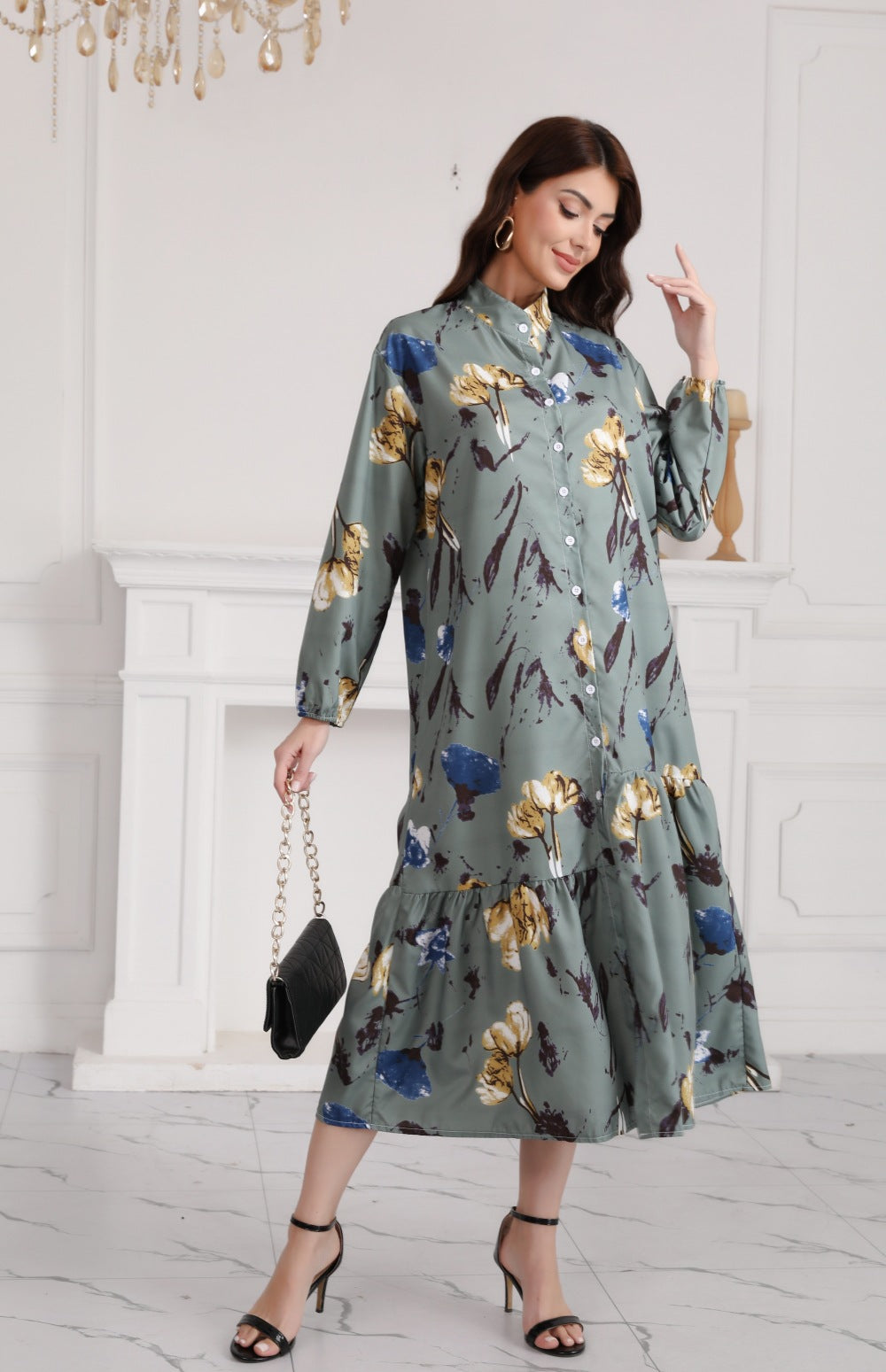 Floral Print Long Dress with Comfortable Cotton-Linen Blend Fabric