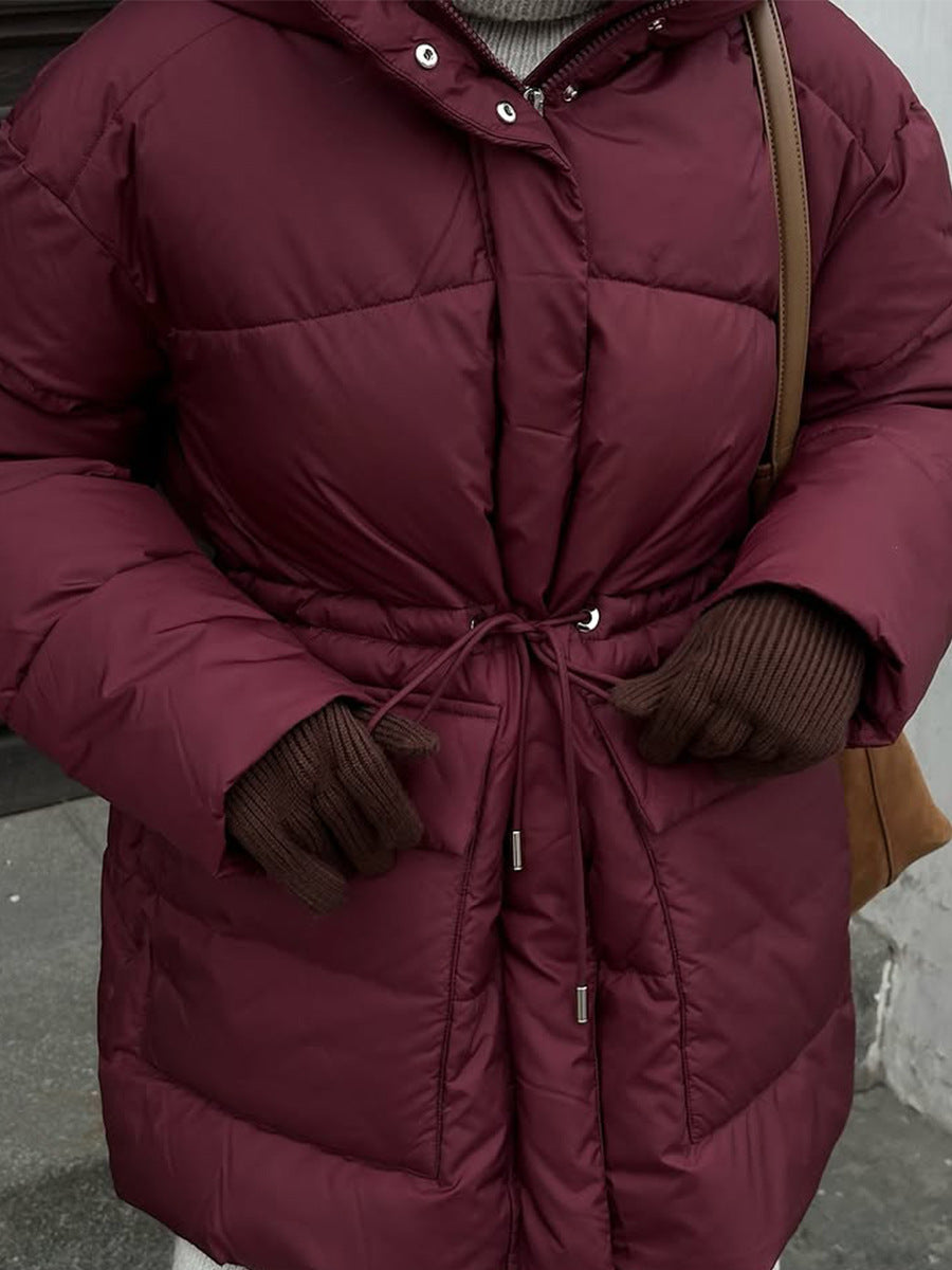 Hooded Cotton Jacket with Lace-up Waist and Zipper Closure