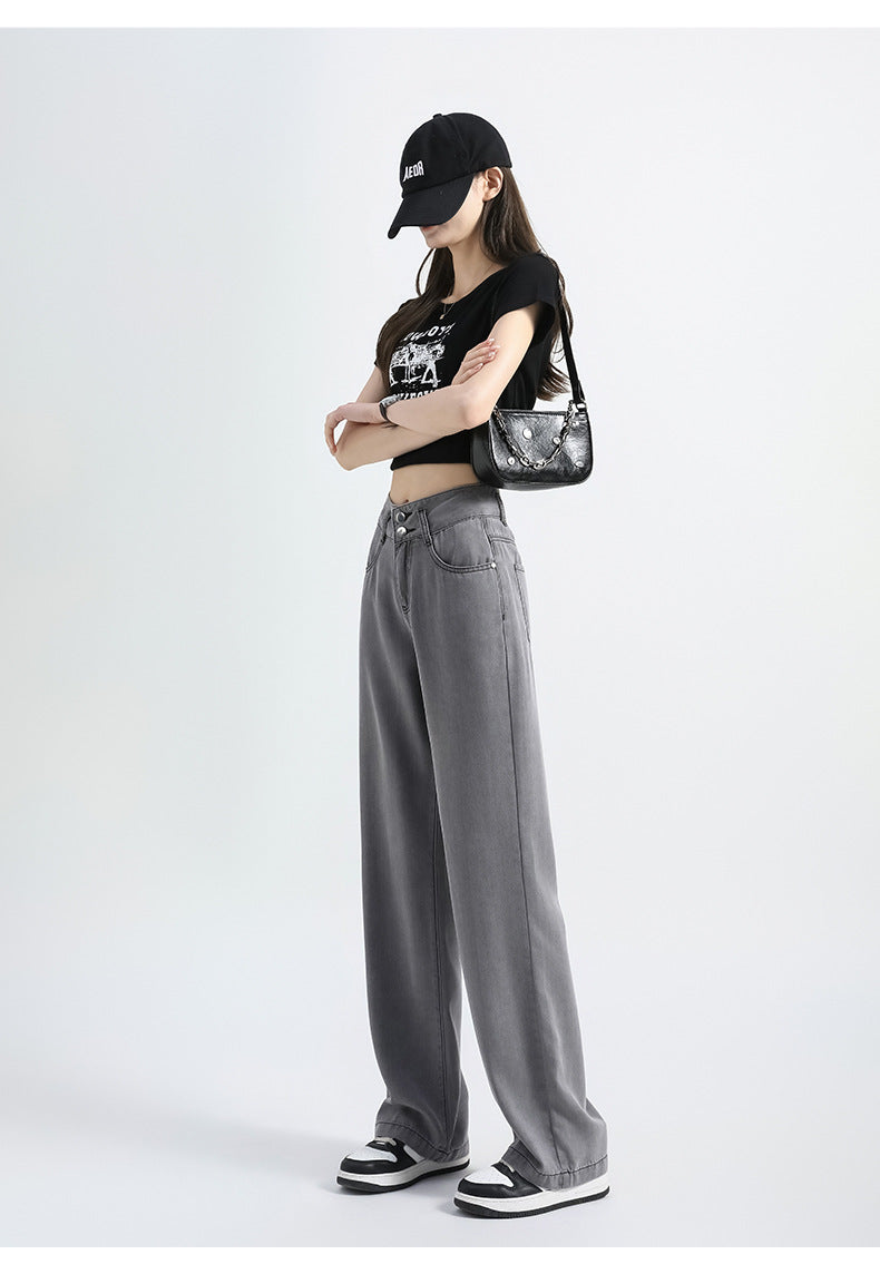 Lyocell Denim Wide-leg Pants with High Waist and Button Detail