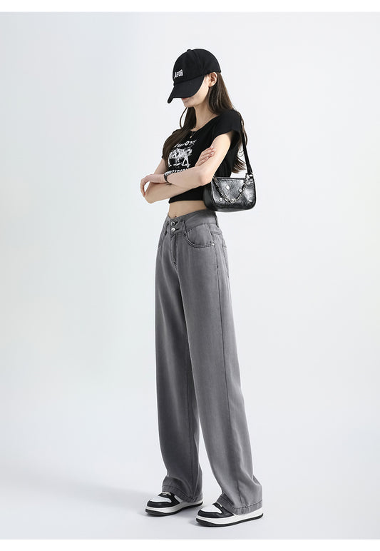 Lyocell Denim Wide-leg Pants with High Waist and Button Detail