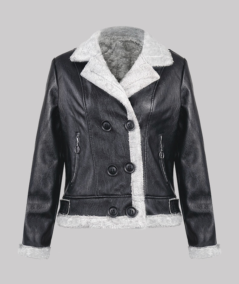 Fleece Padded Leather Coat with Fur Collar Alternative Styling