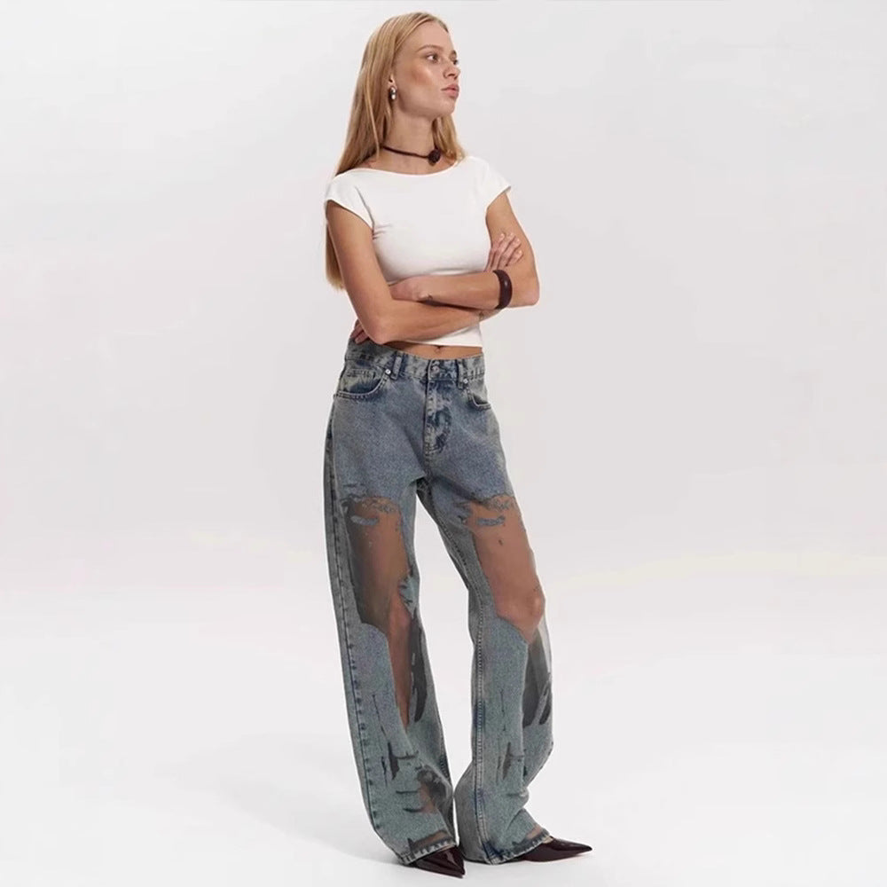 Retro Straight-leg Jeans with Unique Hollow Texture Design