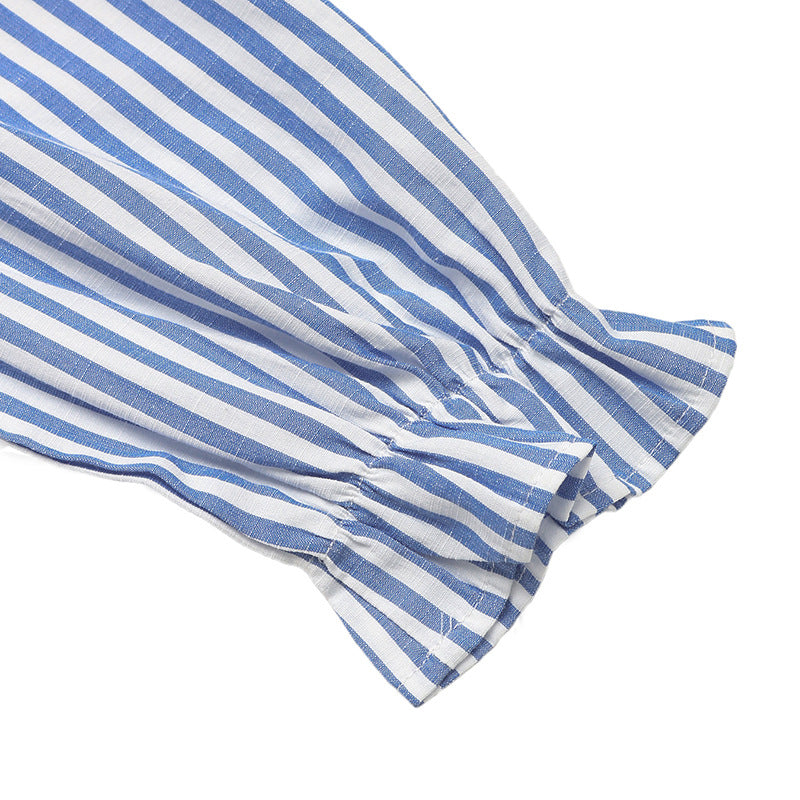 Puff Sleeve Stand Collar Striped Dress with A-Line Skirt Style