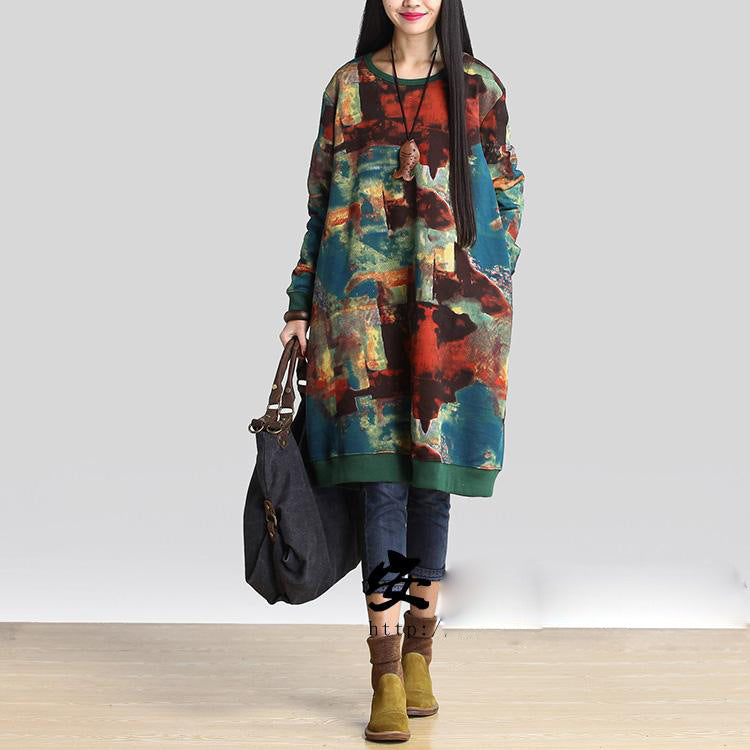 Casual Cotton and Linen Printed Long-sleeved Dress with Floral Pattern