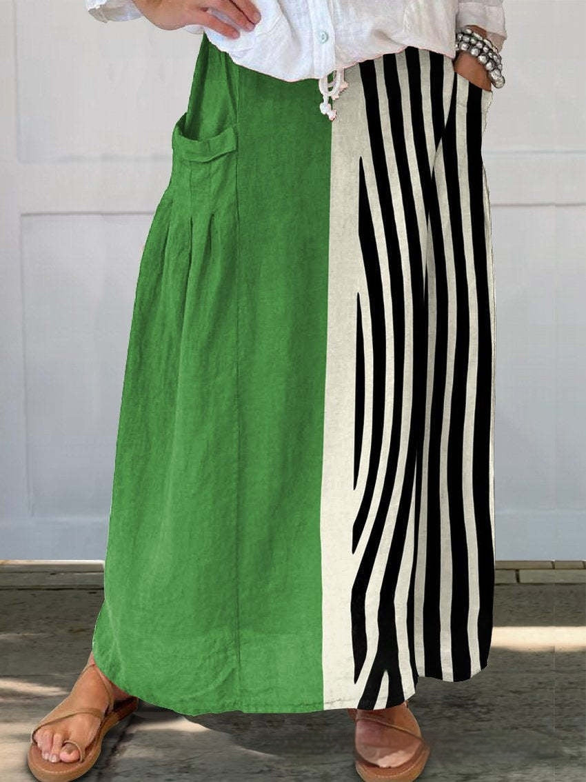 Floral Stripe Casual Skirt with Micro Elasticity for Comfort