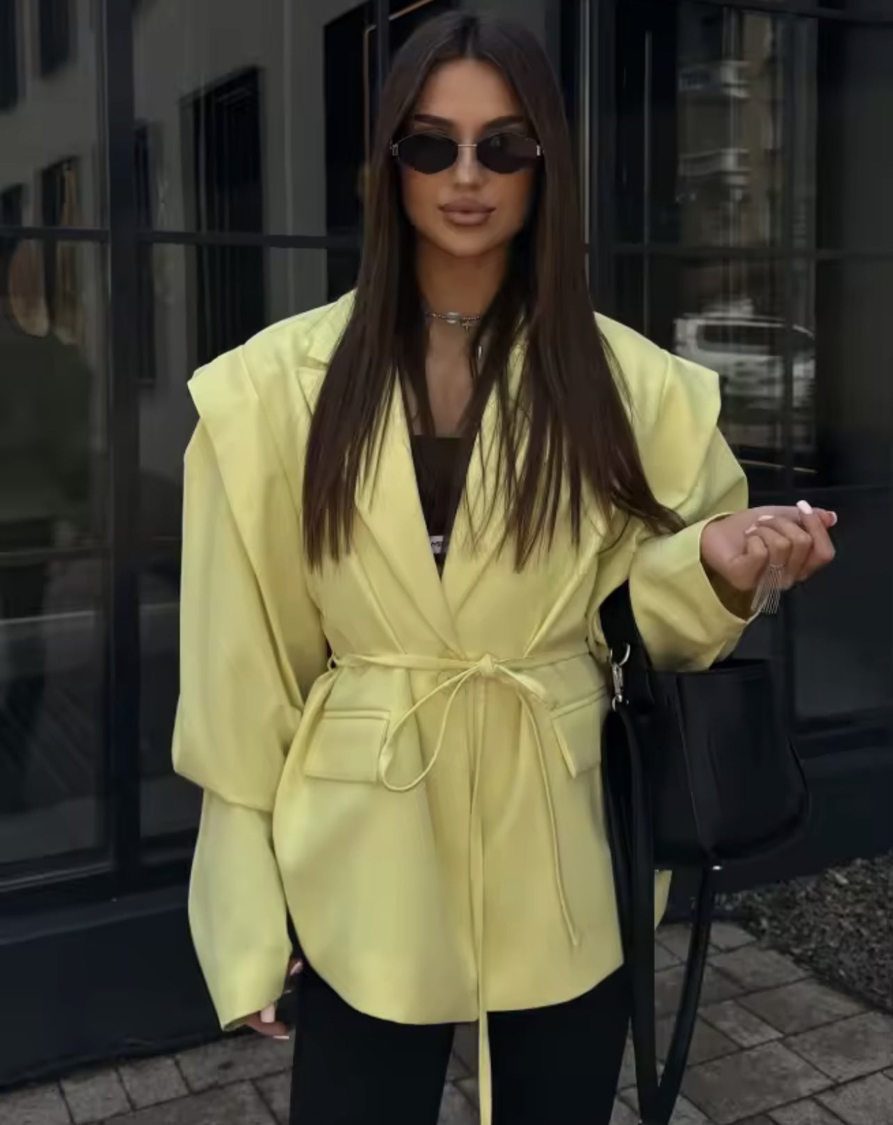 Padded Shoulder Blazer with Lace-up Waist Control for a Flattering Fit