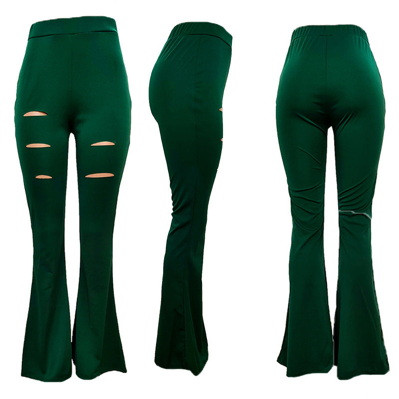 Bootcut Trousers with High Waist Design and Ripped Details