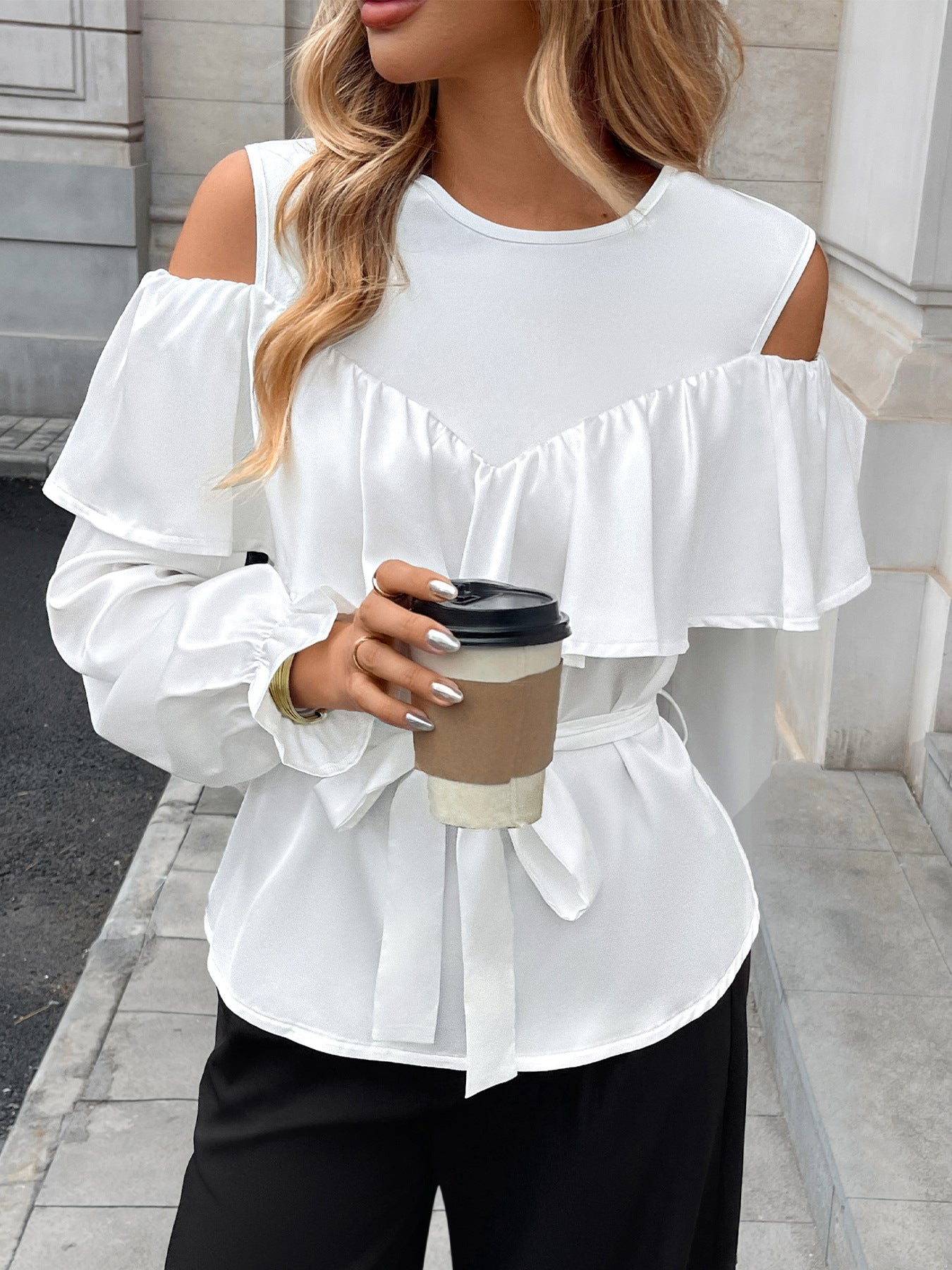 Long-sleeved Ruffled Off-the-shoulder Lace-up Shirt for Stylish Looks