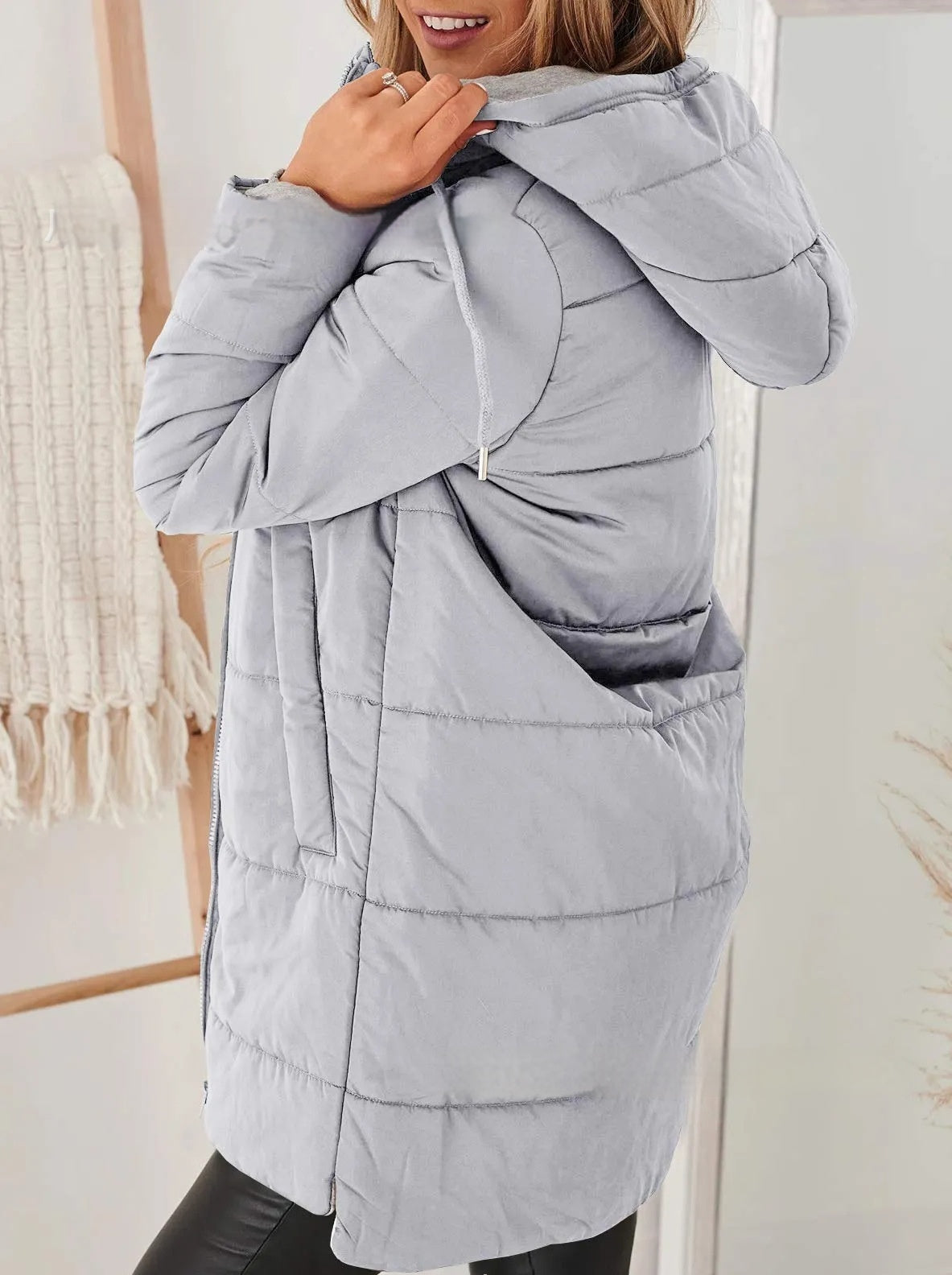 Hooded Solid Color Pocket Long Cotton Jacket Coat for All Seasons