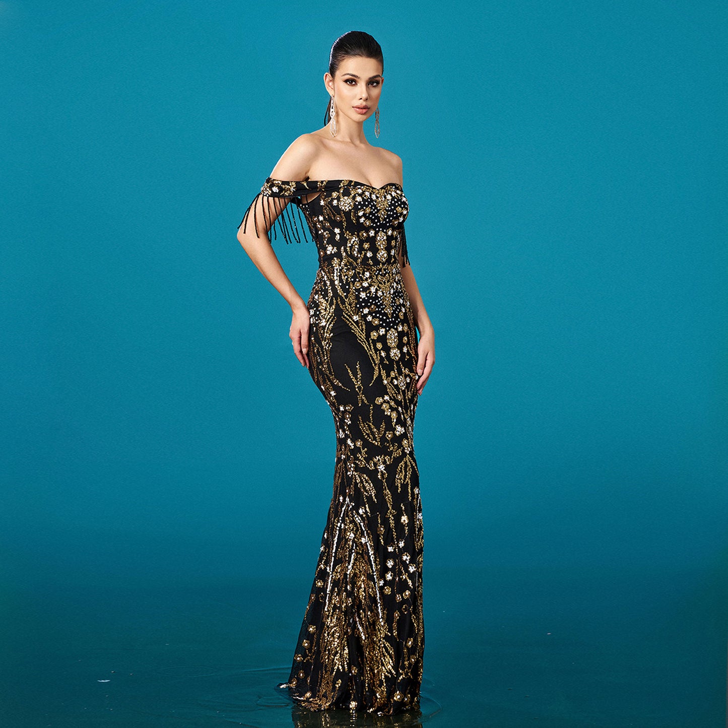 Fishtail Evening Dress with Off-neck Tassel Sequins for Banquet